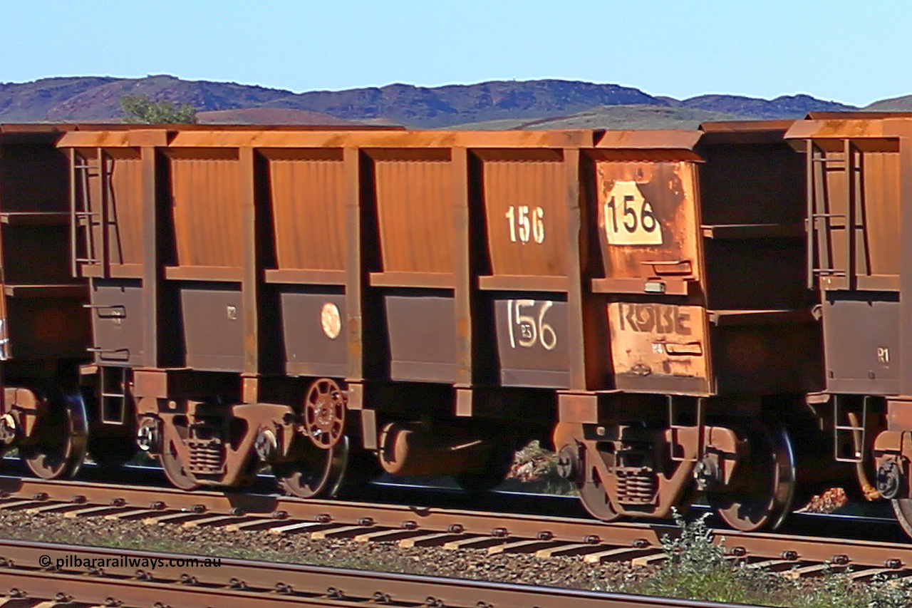0156 160727 0983
Robe River ore waggon 156, built by Nippon Sharyo Nihon, rotary coupler end handbrake side empty view at Harding Siding on the Cape Lambert line, July 27, 2016.
Keywords: 156;Nippon-Sharyo-Nihon;Robe-ore-waggon;