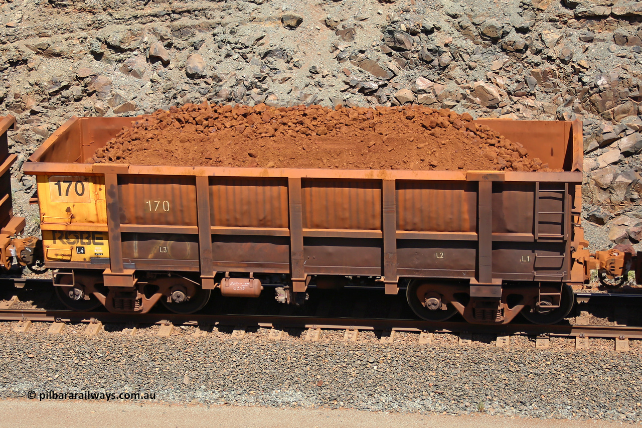 0170 160306 1518
Robe River ore waggon 170, built by Nippon Sharyo Nihon, fixed coupler non-handbrake side loaded view at the 45 km, Harding Siding on the Cape Lambert line. March 6, 2016.
Keywords: 170;Nippon-Sharyo-Nihon;Robe-ore-waggon;