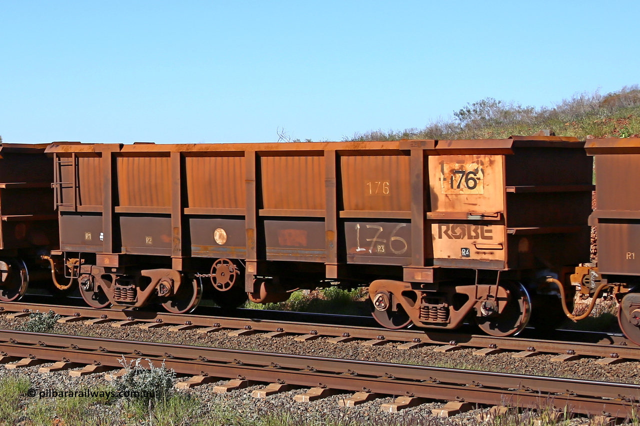 0176 160727 0982
Robe River ore waggon 176, built by Nippon Sharyo Nihon, rotary coupler end handbrake side empty view at Harding Siding on the Cape Lambert line, July 27, 2016.
Keywords: 176;Nippon-Sharyo-Nihon;Robe-ore-waggon;