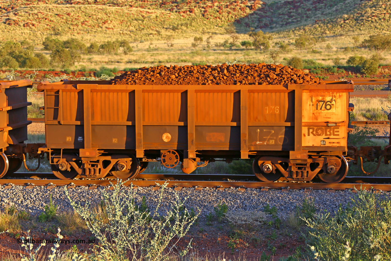 0176 170513 8712
Robe River ore waggon 176, built by Nippon Sharyo Nihon, handbrake side loaded view, Cape Lambert yard, May 13, 2017.
Keywords: 176;Nippon-Sharyo-Nihon;Robe-ore-waggon;