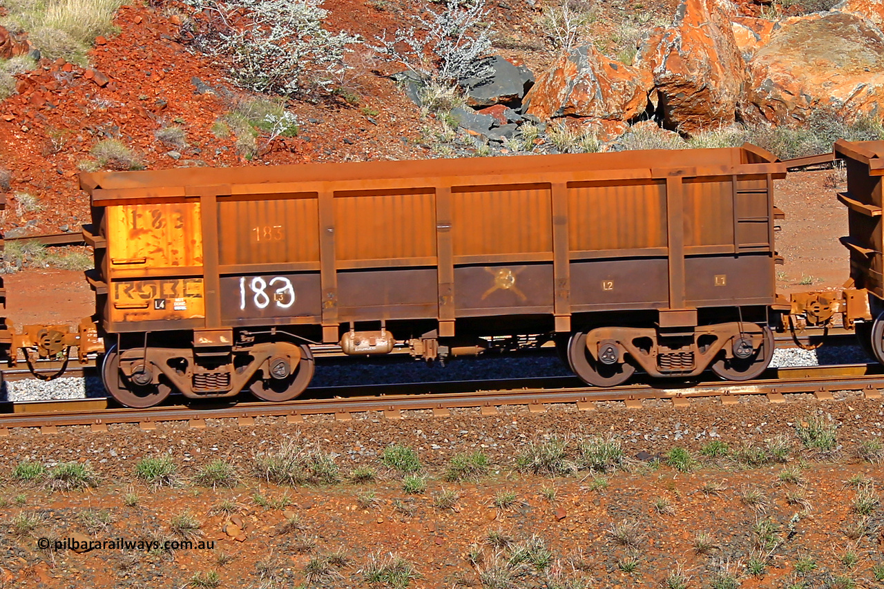0183 180616 1738
Robe River ore waggon 183, built by Nippon Sharyo Nihon, rotary coupler end non-handbrake side empty view at the 38 km, Harding on the Cape Lambert line, June 16, 2018.
Keywords: 183;Nippon-Sharyo-Nihon;Robe-ore-waggon;