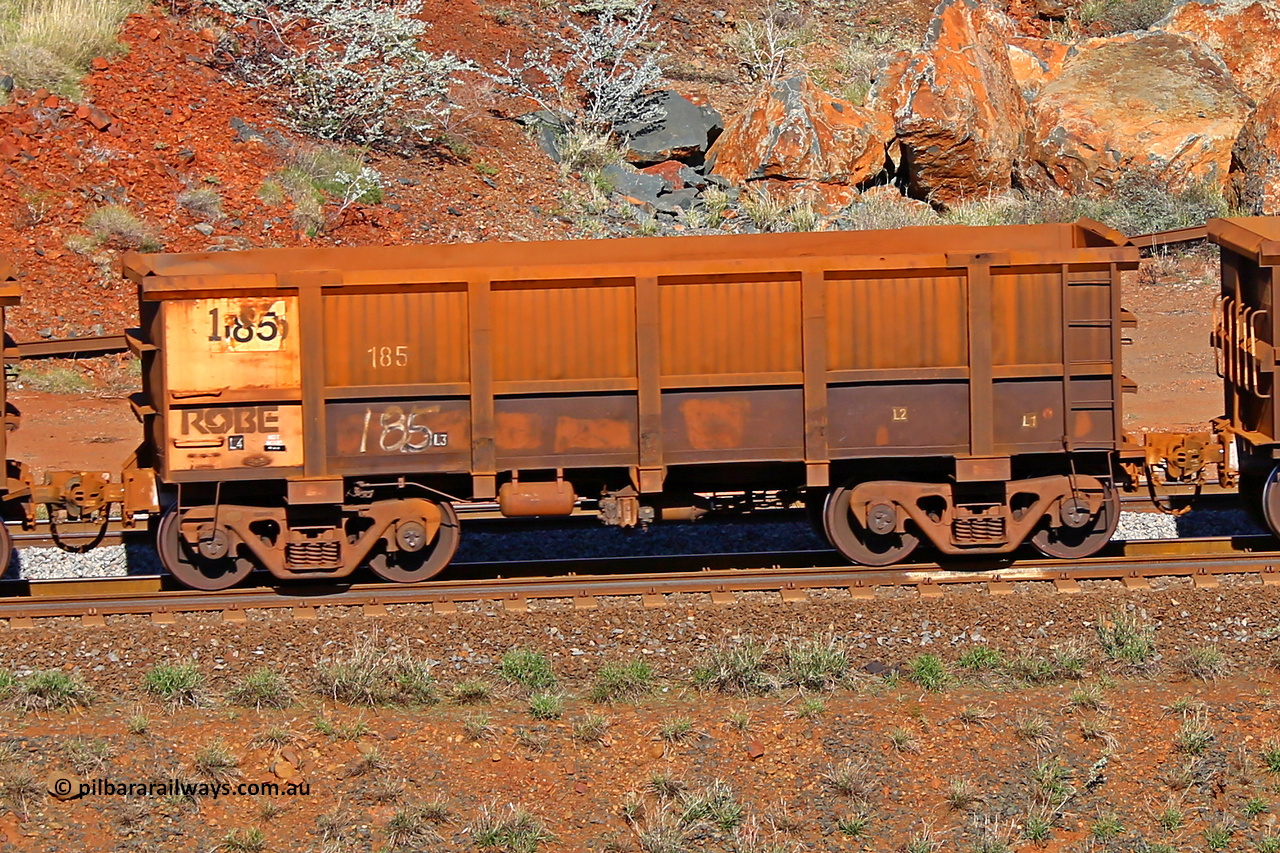 0185 180616 1741
Robe River ore waggon 185, built by Nippon Sharyo Nihon, rotary coupler end non-handbrake side empty view at the 38 km, Harding on the Cape Lambert line, June 16, 2018.
Keywords: 185;Nippon-Sharyo-Nihon;Robe-ore-waggon;