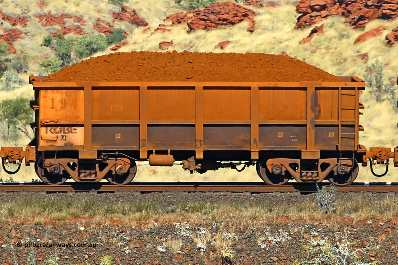 0194 170728 09943
Robe River ore waggon 194, built by Nippon Sharyo Nihon, non-handbrake side loaded view at the 72 km, Western Creek on the Deepdale line. July 28, 2017.
Keywords: 194;Nippon-Sharyo-Nihon;Robe-ore-waggon;