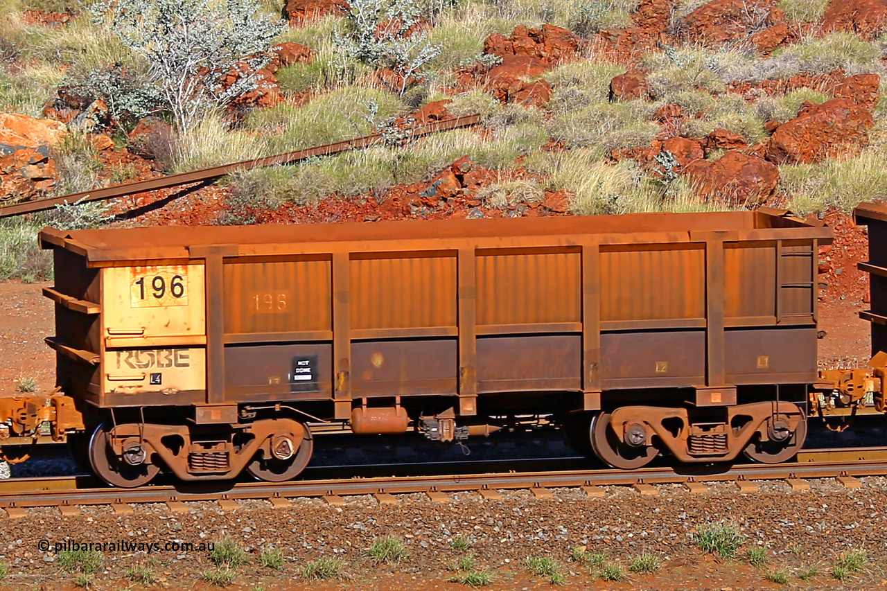 0196 180616 1699
Robe River ore waggon 196, built by Nippon Sharyo Nihon, rotary coupler end non-handbrake side empty view at the 38 km, Harding on the Cape Lambert line, June 16, 2018.
Keywords: 196;Nippon-Sharyo-Nihon;Robe-ore-waggon;