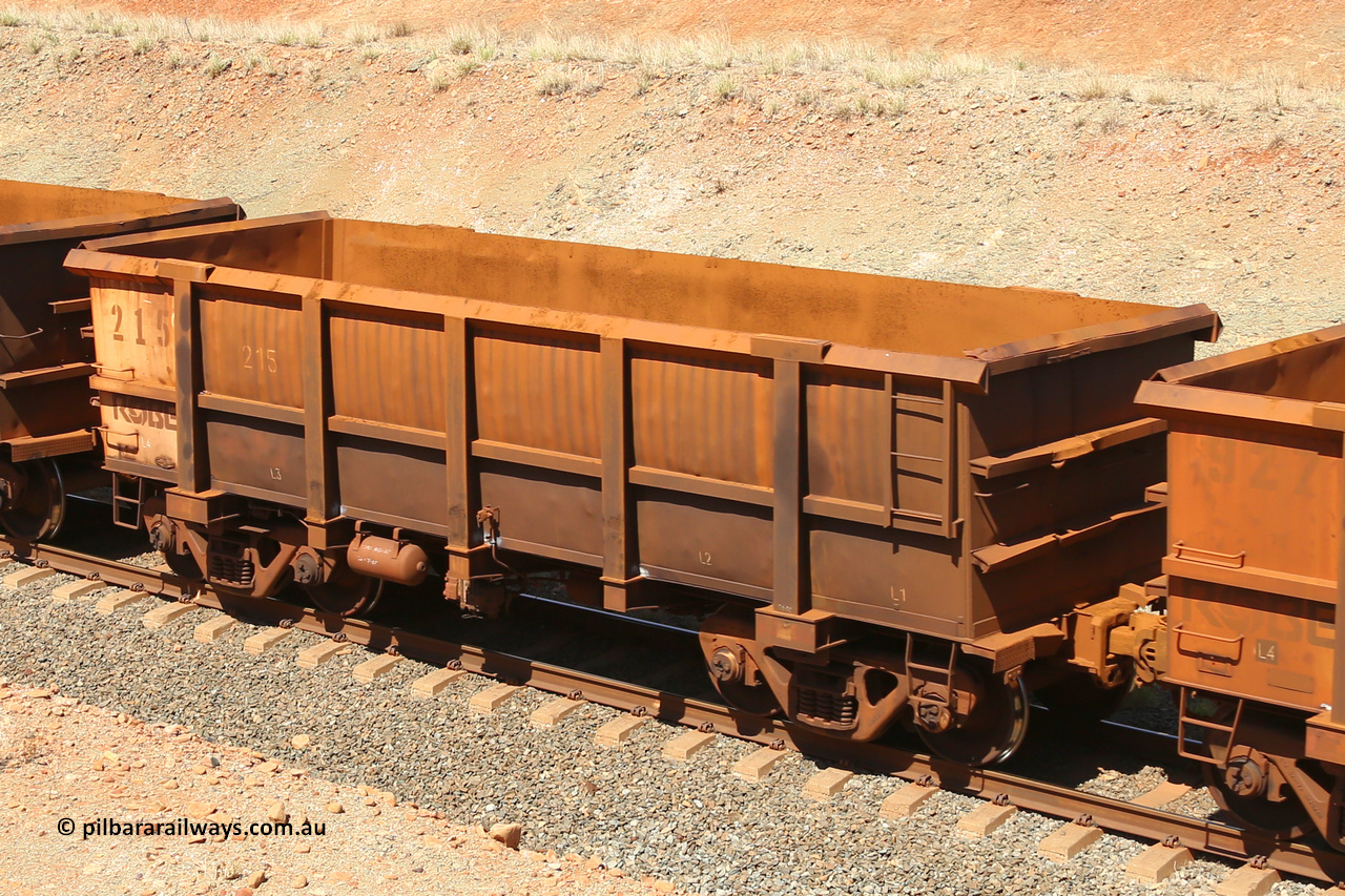 0215 160306 1298
Robe River ore waggon 215, built by Nippon Sharyo Nihon, fixed coupler non-handbrake side empty view at Greenpool on the Cape Lambert line. March 6, 2016.
Keywords: 215;Nippon-Sharyo-Nihon;Robe-ore-waggon;