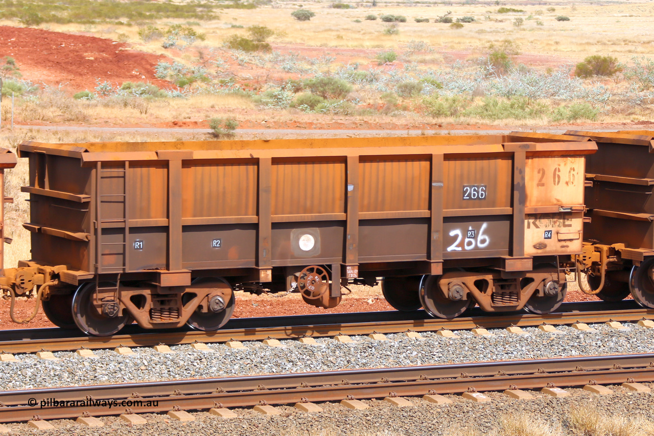 0266 141124 6792
Robe River ore waggon 266, built by Nippon Sharyo Nihon, fixed coupler handbrake side empty view at the 25 km at Arches Siding on the Cape Lambert line. November 24, 2014.
Keywords: 266;Nippon-Sharyo-Nihon;Robe-ore-waggon;