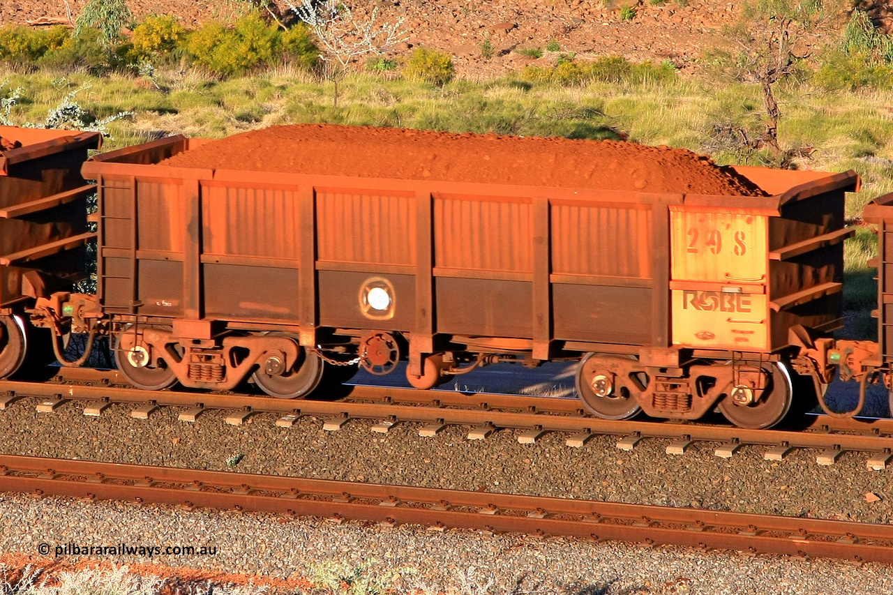 0298 110602 1694
Robe River ore waggon 298, built by Nippon Sharyo Nihon, rotary coupler end handbrake side loaded view at the 71 km, Western Creek on the Deepdale line. June 2, 2011.
Keywords: 298;Nippon-Sharyo-Nihon;Robe-ore-waggon;