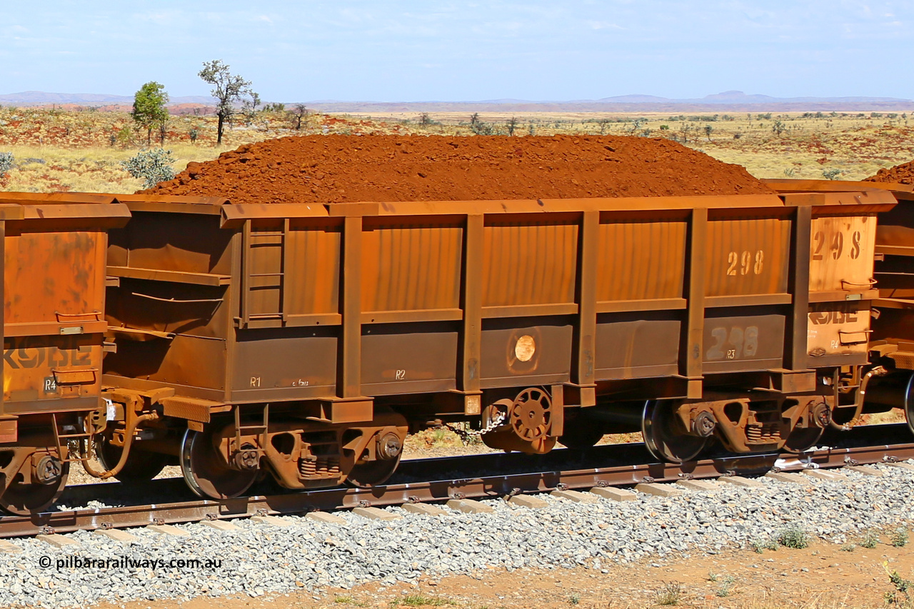 0298 170729 0248
Robe River ore waggon 298, built by Nippon Sharyo Nihon, fixed coupler handbrake side loaded view at the 103 km, between Maitland Siding and the Fortescue River on the Deepdale line. July 29, 2017.
Keywords: 298;Nippon-Sharyo-Nihon;Robe-ore-waggon;