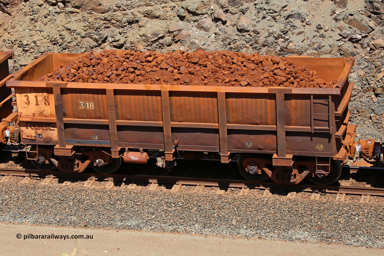 0318 160306 1673
Robe River ore waggon 318, built by Nippon Sharyo Nihon, fixed coupler non-handbrake side loaded view at the 45 km, Harding Siding on the Cape Lambert line. March 6, 2016.
Keywords: 318;Nippon-Sharyo-Nihon;Robe-ore-waggon;