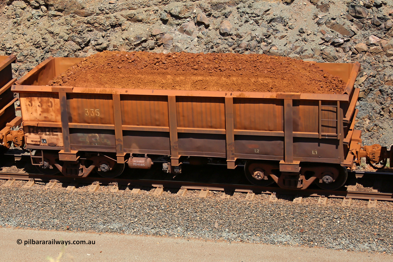 0335 160306 1647
Robe River ore waggon 335, built by Nippon Sharyo Nihon, fixed coupler non-handbrake side loaded view at the 45 km, Harding Siding on the Cape Lambert line. March 6, 2016.
Keywords: 335;Nippon-Sharyo-Nihon;Robe-ore-waggon;