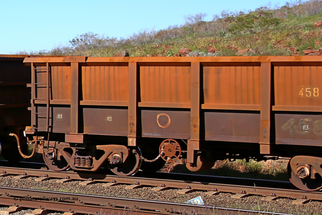0458 160727 0983
Robe River ore waggon 458, built by Tomlinson Steel WA, rotary coupler end handbrake side empty partial view at Harding Siding on the Cape Lambert line, July 27, 2016.
Keywords: 458;Tomlinson-Steel-WA;Robe-ore-waggon;