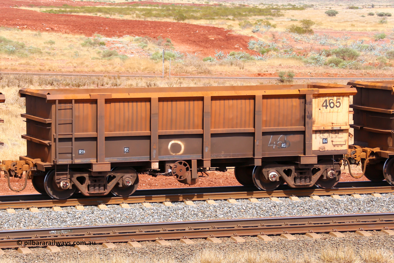 0465 141124 6865
Robe River ore waggon 465, built by Tomlinson Steel WA, fixed coupler handbrake side empty view at the 25 km at Arches Siding on the Cape Lambert line. November 24, 2014.
Keywords: 465;Tomlinson-Steel-WA;Robe-ore-waggon;