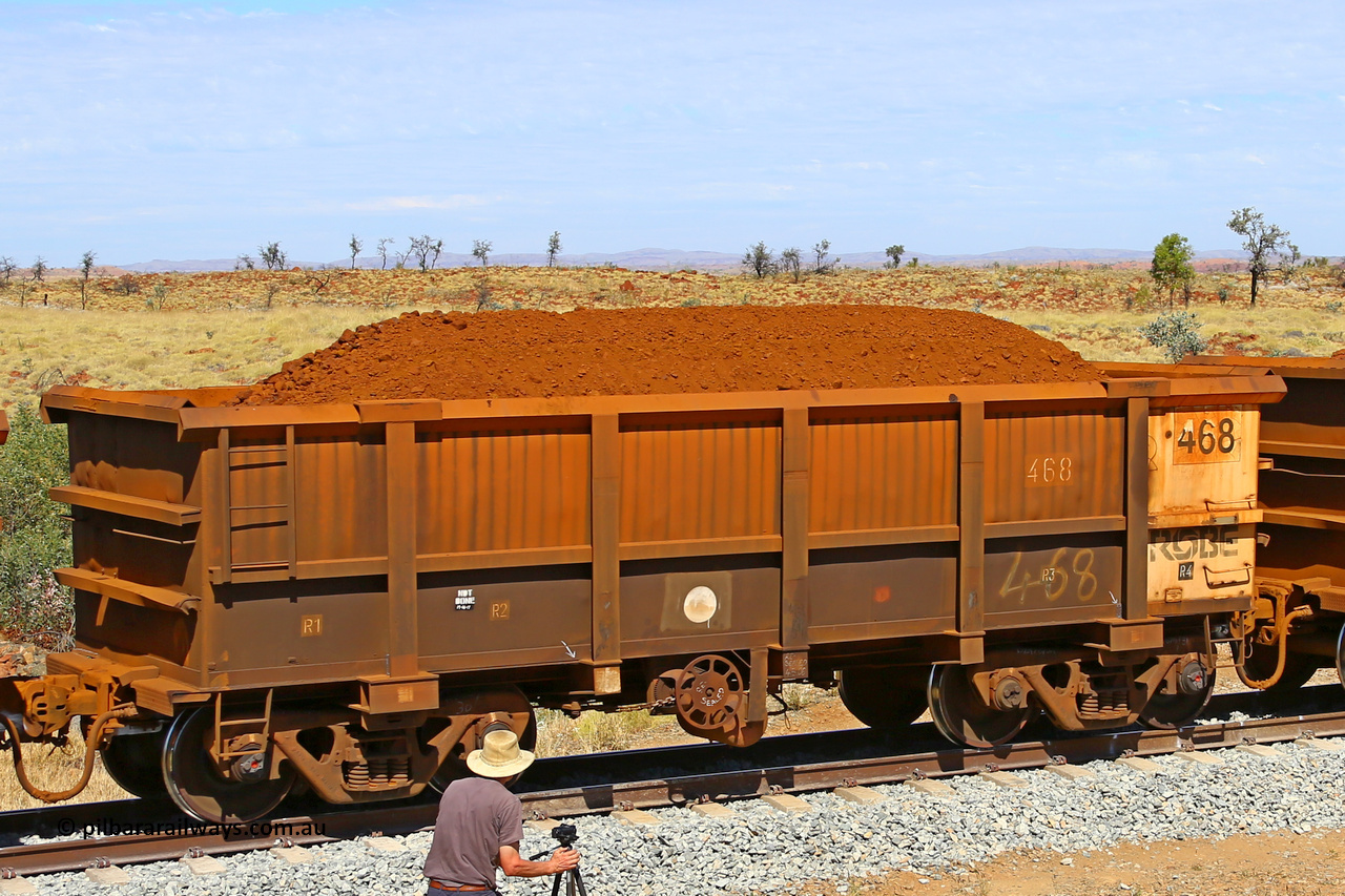 0468 170729 0270
Robe River ore waggon 468, built by Tomlinson Steel WA, fixed coupler handbrake side loaded view at the 103 km, between Maitland Siding and the Fortescue River on the Deepdale line. July 29, 2017.
Keywords: 468;Tomlinson-Steel-WA;Robe-ore-waggon;