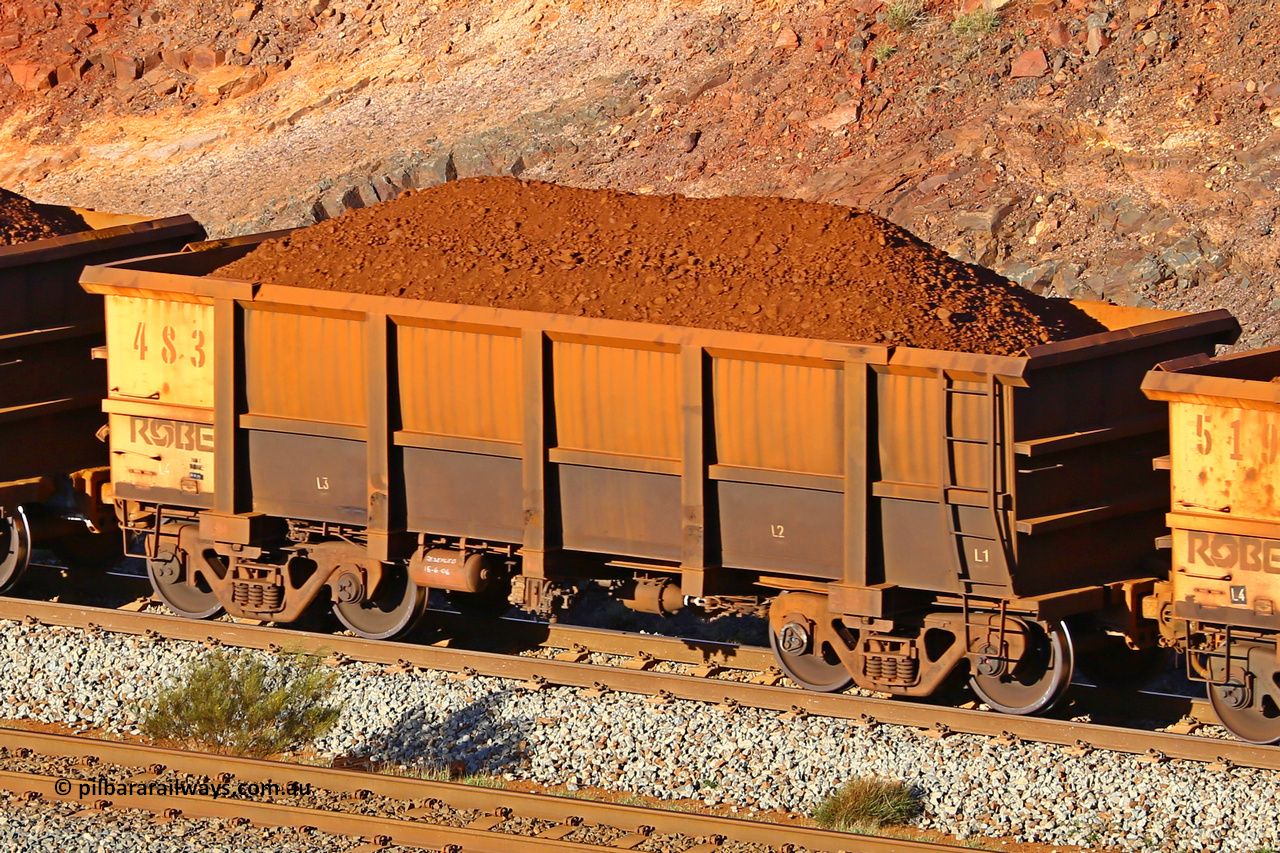 0483 180616 1645
Robe River ore waggon 483, built by Tomlinson Steel WA, fixed coupler non-handbrake side loaded view at the 38.5 km, Harding on the Cape Lambert line, June 16, 2018.
Keywords: 483;Tomlinson-Steel-WA;Robe-ore-waggon;