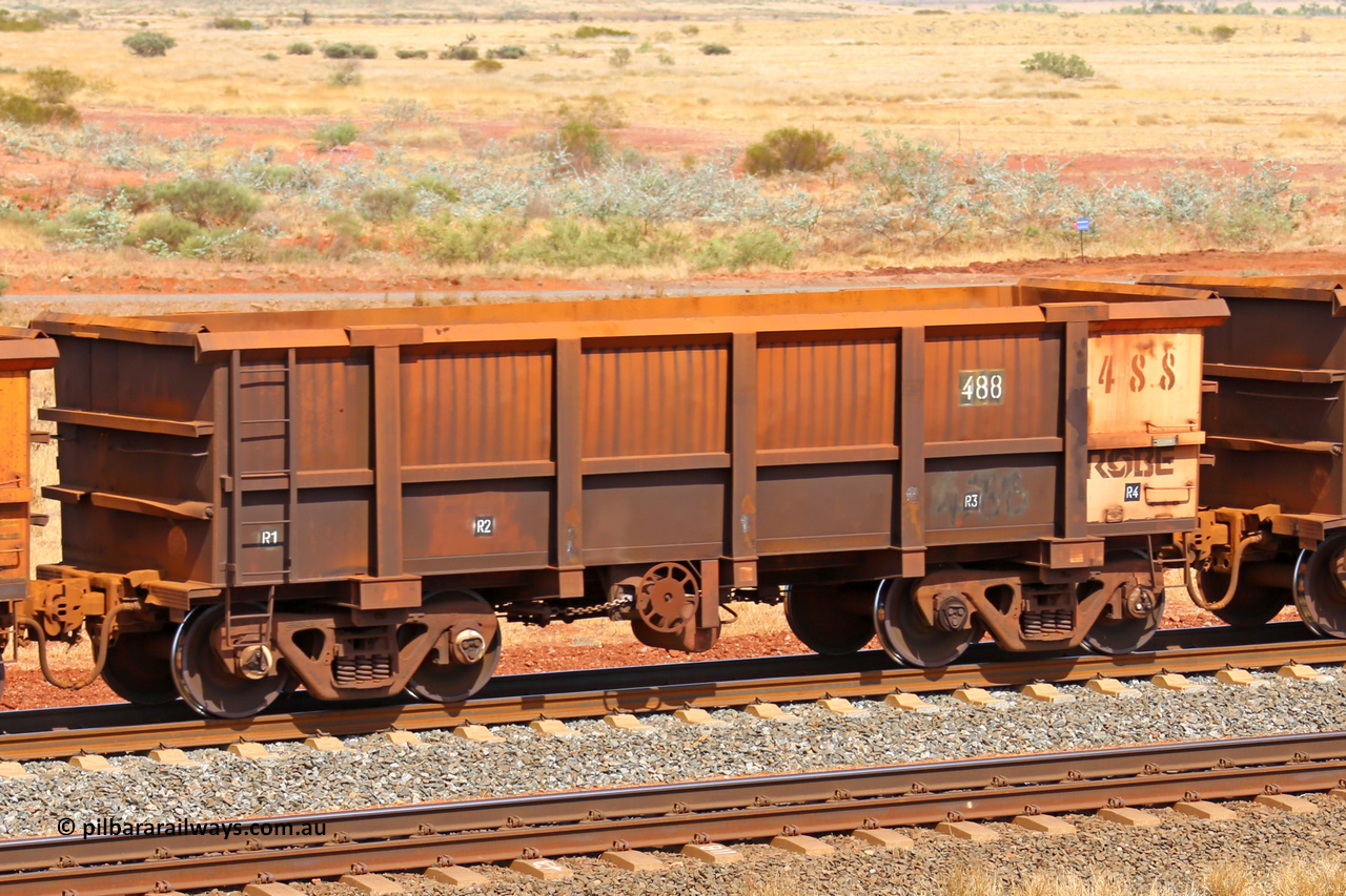 0488 141124 6771
Robe River ore waggon 488, built by Tomlinson Steel WA, fixed coupler handbrake side empty view at the 25 km at Arches Siding on the Cape Lambert line. November 24, 2014.
Keywords: 488;Tomlinson-Steel-WA;Robe-ore-waggon;