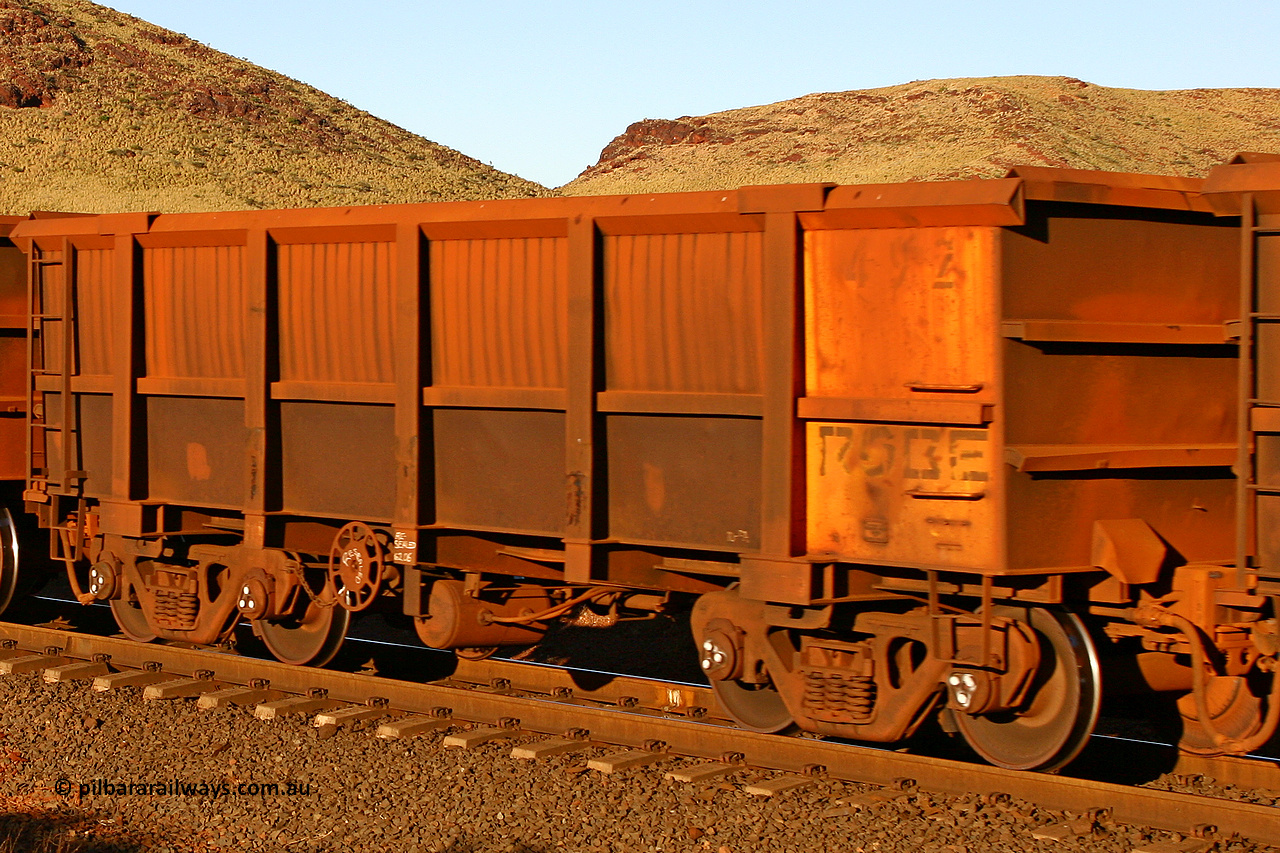 0492 060722 7607
Robe River ore waggon 492, built by Tomlinson Steel WA, rotary coupler end handbrake side empty view, at the 11.7 km, Cape Lambert. July 22, 2006.
Keywords: 492;Tomlinson-Steel-WA;Robe-ore-waggon;