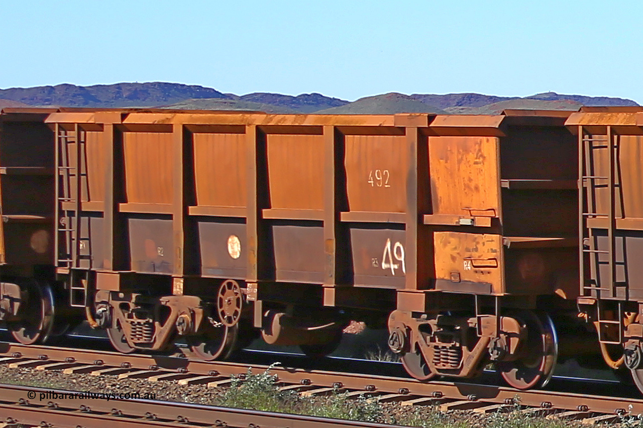 0492 160727 0952
Robe River ore waggon 492, built by Tomlinson Steel WA, rotary coupler end handbrake side empty view at Harding Siding on the Cape Lambert line, July 27, 2016.
Keywords: 492;Tomlinson-Steel-WA;Robe-ore-waggon;