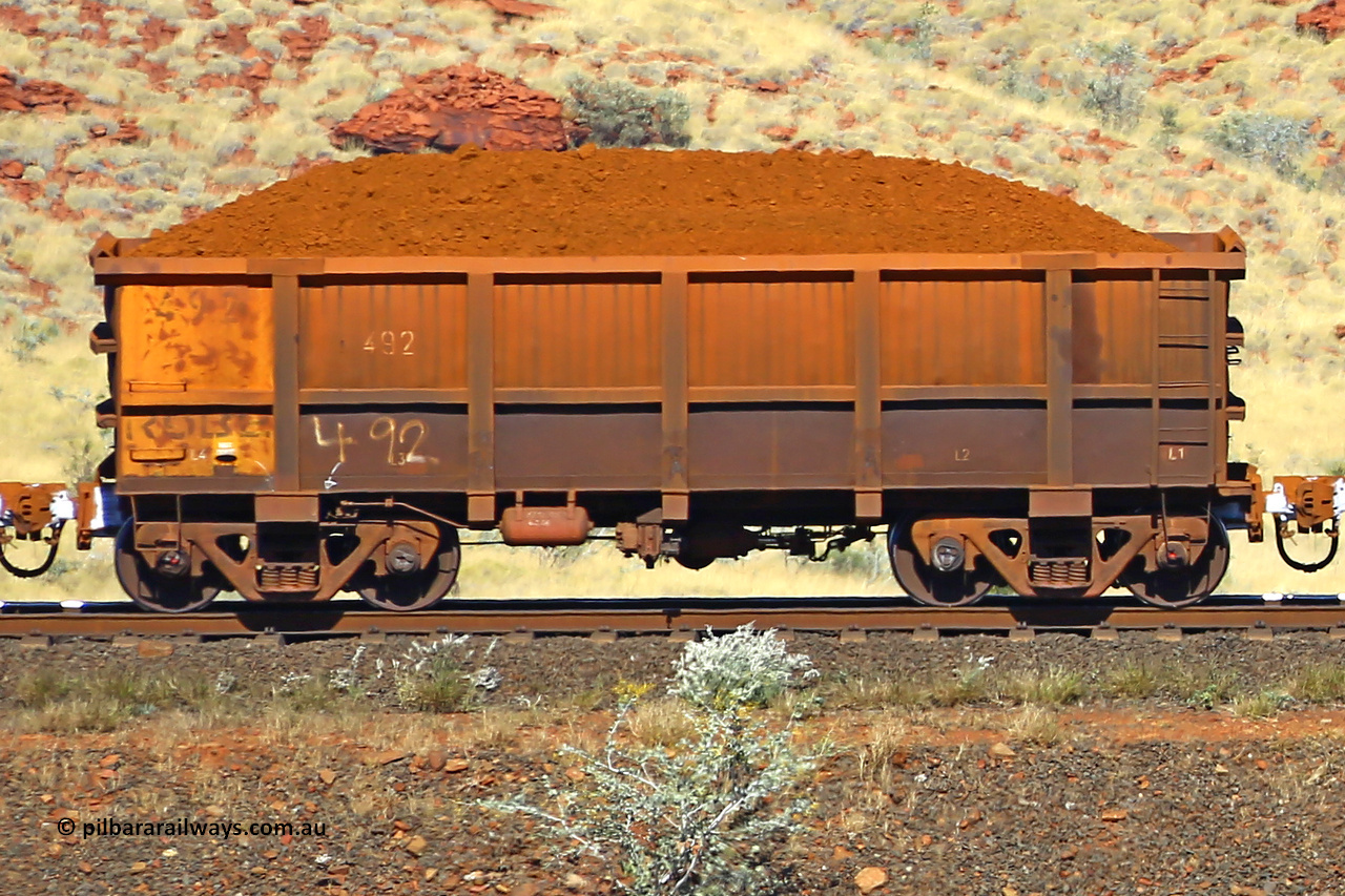 0492 170728 09954
Robe River ore waggon 492, built by Tomlinson Steel WA, non-handbrake side loaded view at the 72 km, Western Creek on the Deepdale line. July 28, 2017.
Keywords: 492;Tomlinson-Steel-WA;Robe-ore-waggon;
