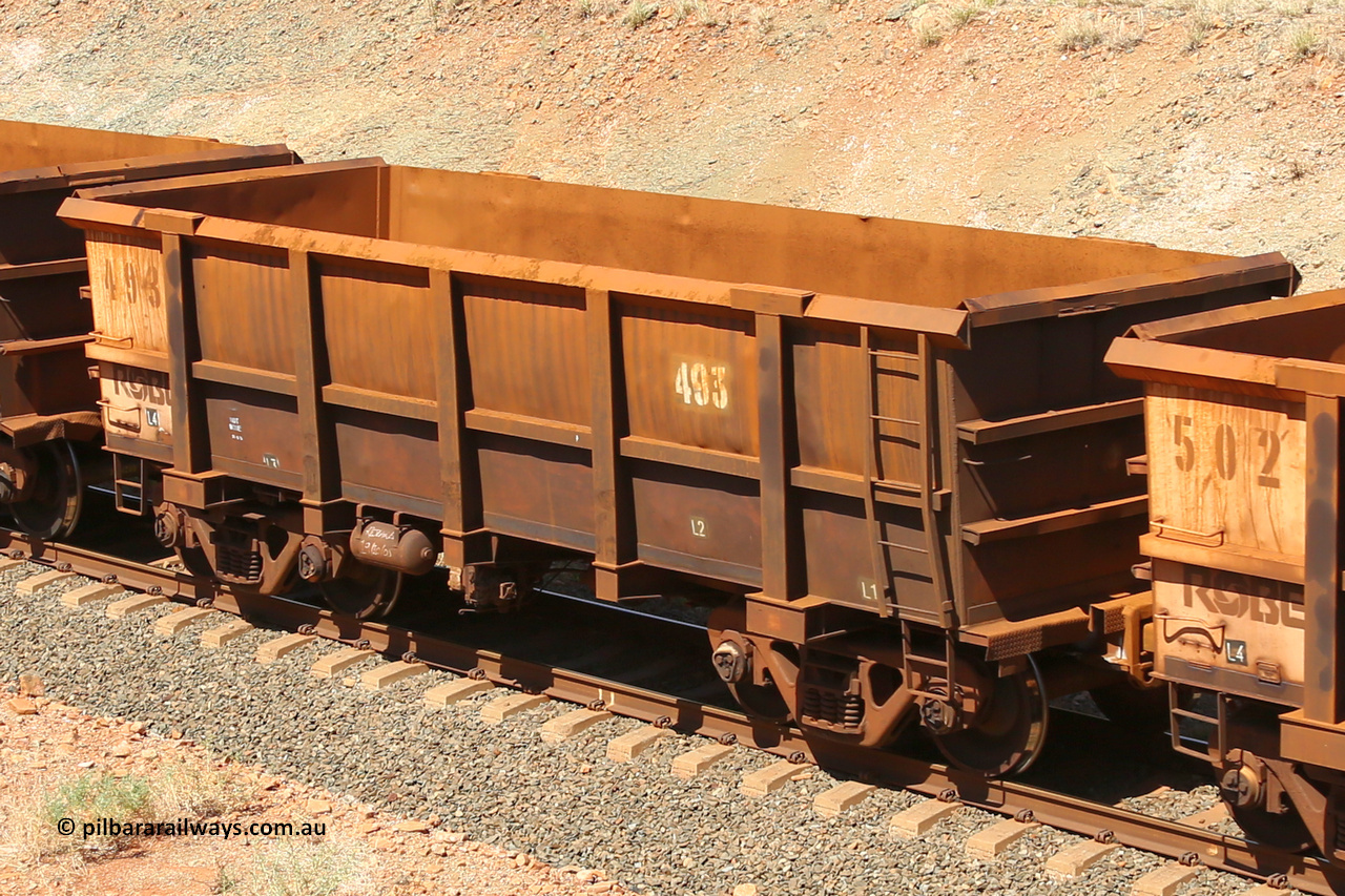 0493 160306 1334
Robe River ore waggon 493, built by Tomlinson Steel WA, fixed coupler non-handbrake side empty view at Greenpool on the Cape Lambert line. March 6, 2016.
Keywords: 493;Tomlinson-Steel-WA;Robe-ore-waggon;