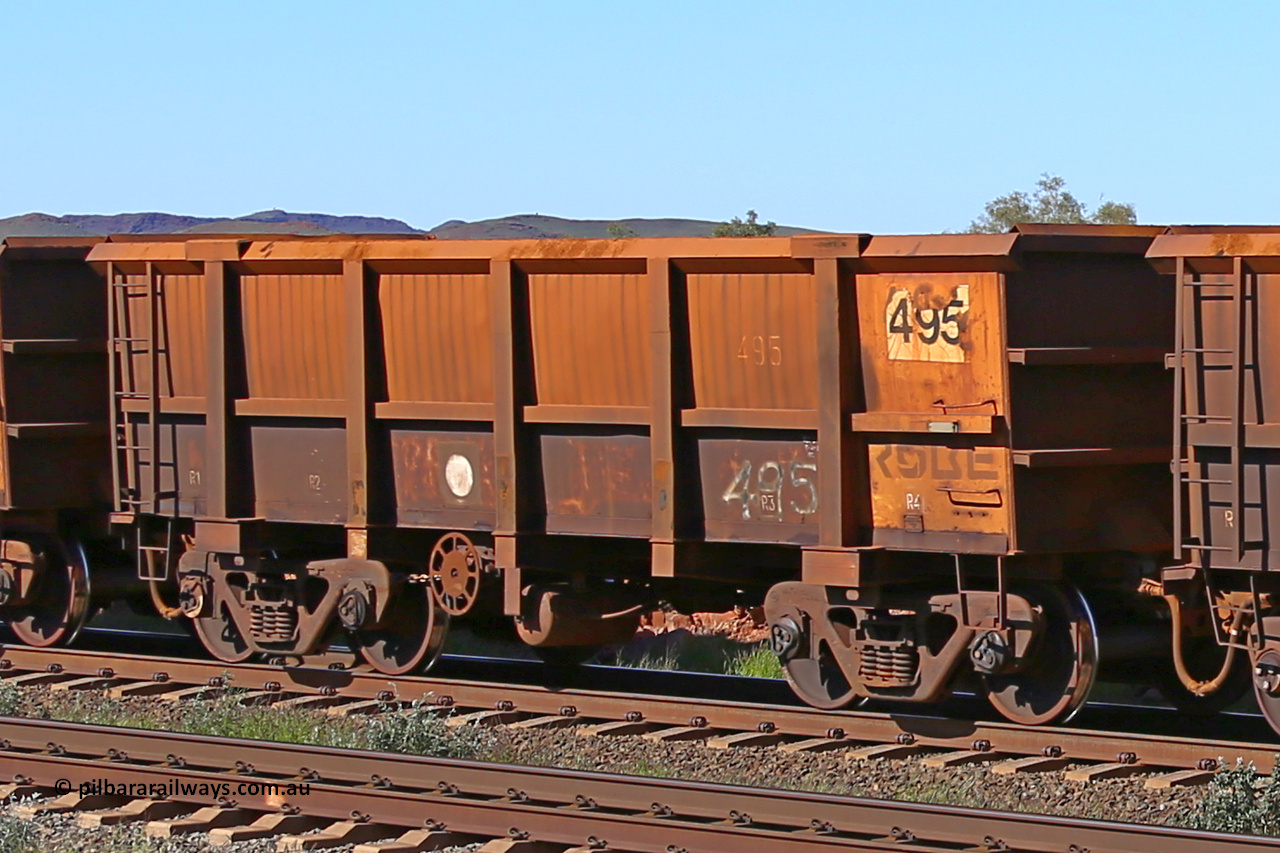 0495 160727 0973
Robe River ore waggon 495, built by Tomlinson Steel WA, rotary coupler end handbrake side empty view at Harding Siding on the Cape Lambert line, July 27, 2016.
Keywords: 495;Tomlinson-Steel-WA;Robe-ore-waggon;