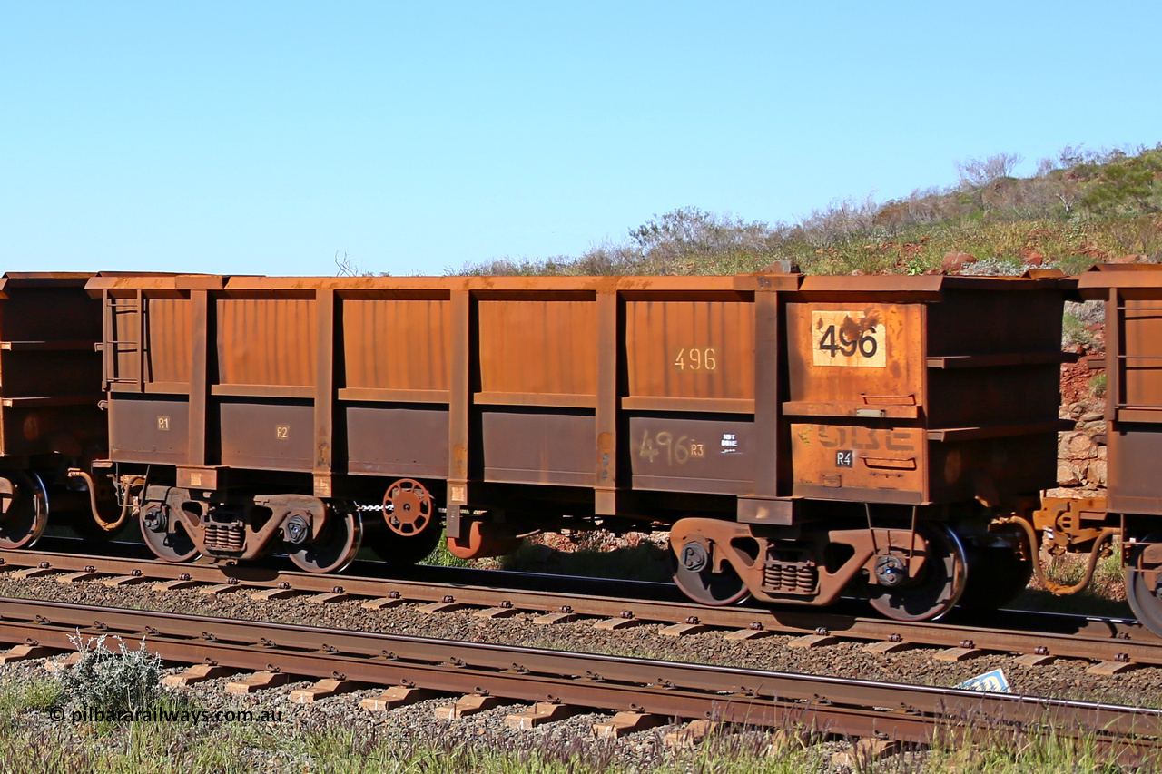 0496 160727 0985
Robe River ore waggon 496, built by Tomlinson Steel WA, rotary coupler end handbrake side empty view at Harding Siding on the Cape Lambert line, July 27, 2016.
Keywords: 496;Tomlinson-Steel-WA;Robe-ore-waggon;
