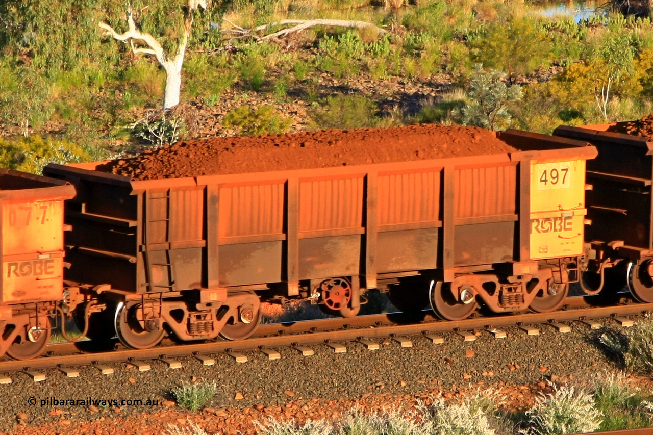 0497 110602 1596
Robe River ore waggon 497, built by Tomlinson Steel WA, fixed coupler handbrake side loaded view at the 71 km, Western Creek on the Deepdale line. June 2, 2011.
Keywords: 497;Tomlinson-Steel-WA;Robe-ore-waggon;
