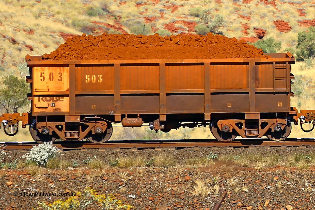 0503 170728 09911
Robe River ore waggon 503, built by Tomlinson Steel WA, non-handbrake side loaded view at the 72 km, Western Creek on the Deepdale line. July 28, 2017.
Keywords: 503;Tomlinson-Steel-WA;Robe-ore-waggon;