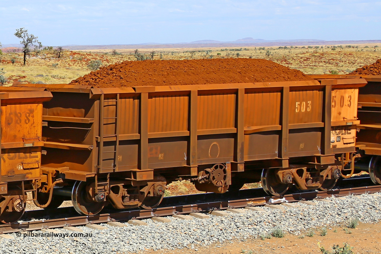 0503 170729 0269
Robe River ore waggon 503, built by Tomlinson Steel WA, fixed coupler handbrake side loaded view at the 103 km, between Maitland Siding and the Fortescue River on the Deepdale line. July 29, 2017.
Keywords: 503;Tomlinson-Steel-WA;Robe-ore-waggon;