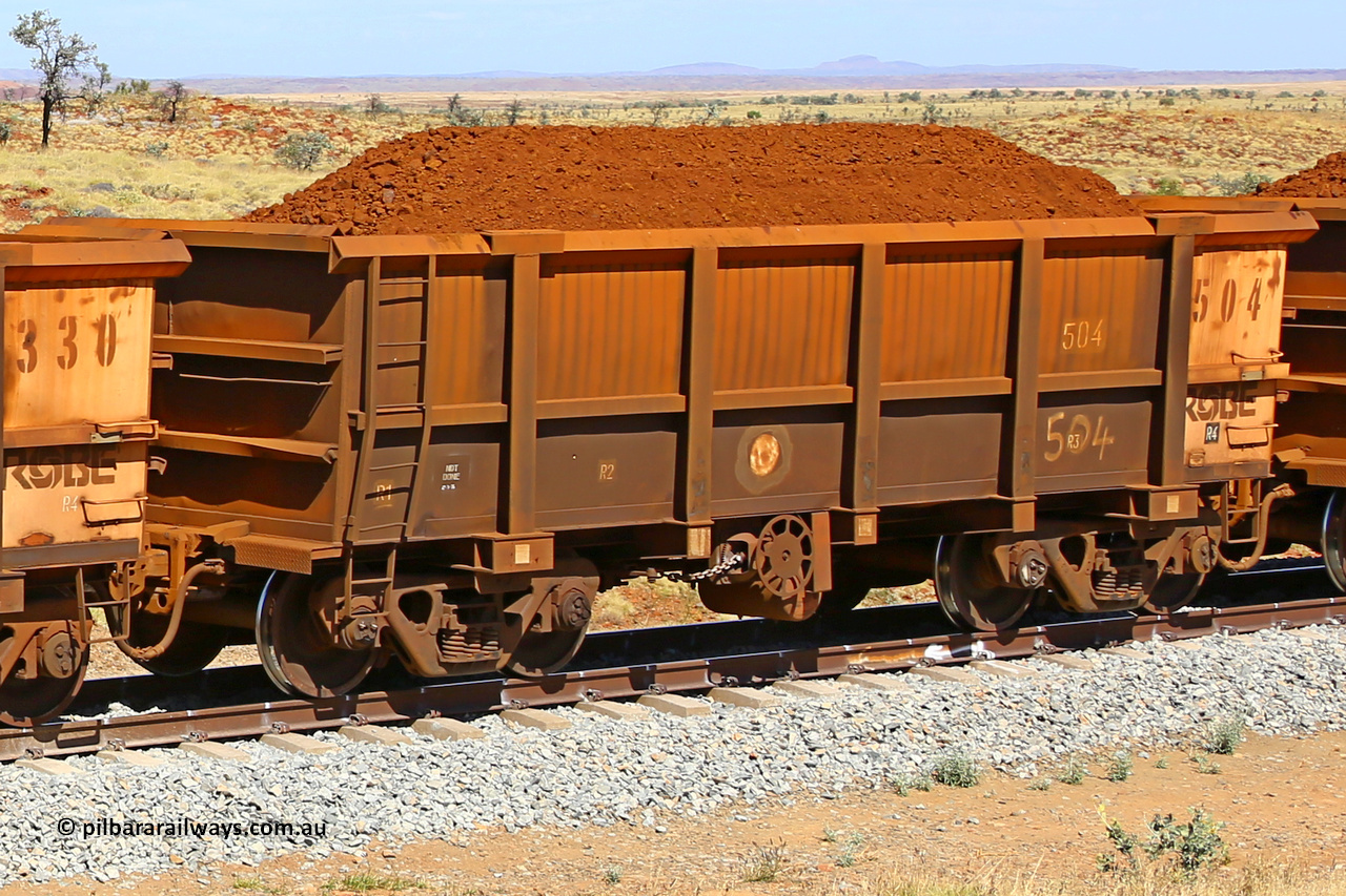 0504 170729 0224
Robe River ore waggon 504, built by Tomlinson Steel WA, fixed coupler handbrake side loaded view at the 103 km, between Maitland Siding and the Fortescue River on the Deepdale line. July 29, 2017.
Keywords: 504;Tomlinson-Steel-WA;Robe-ore-waggon;