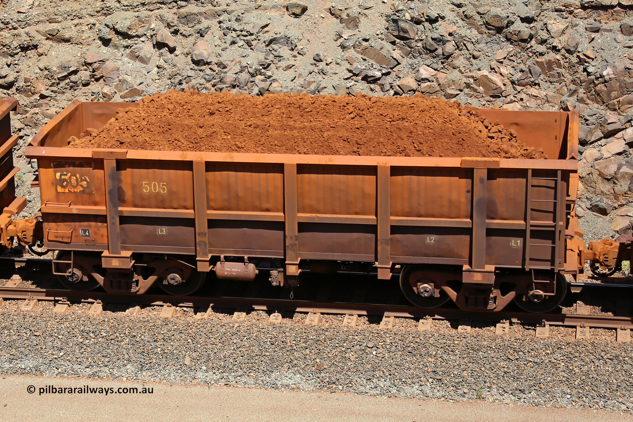 0505 160306 1592
Robe River ore waggon 505, built by Tomlinson Steel WA, fixed coupler non-handbrake side loaded view, at the 45 km, Harding Siding on the Cape Lambert line. March 6, 2016.
Keywords: 505;Tomlinson-Steel-WA;Robe-ore-waggon;