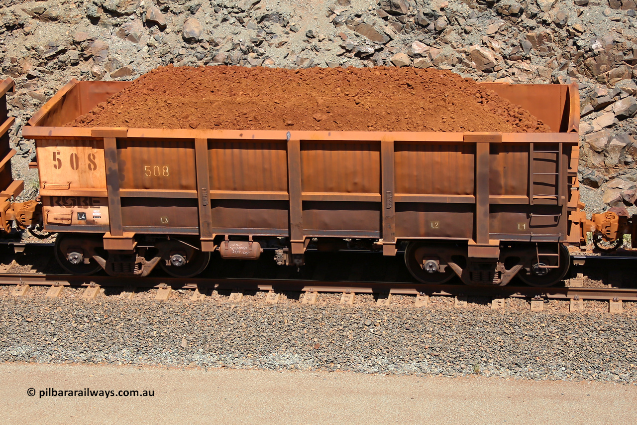 0508 160306 1539
Robe River ore waggon 508, built by Tomlinson Steel WA, fixed coupler non-handbrake side loaded view, at the 45 km, Harding Siding on the Cape Lambert line. March 6, 2016.
Keywords: 508;Tomlinson-Steel-WA;Robe-ore-waggon;