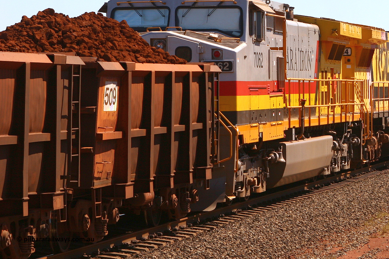 0509 061209 8160
Robe River ore waggon 509, built by Tomlinson Steel WA, rotary coupler non-handbrake side loaded view at the 7 km location just south of Cape Lambert yard. December 9, 2006.
Keywords: 509;Tomlinson-Steel-WA;Robe-ore-waggon;