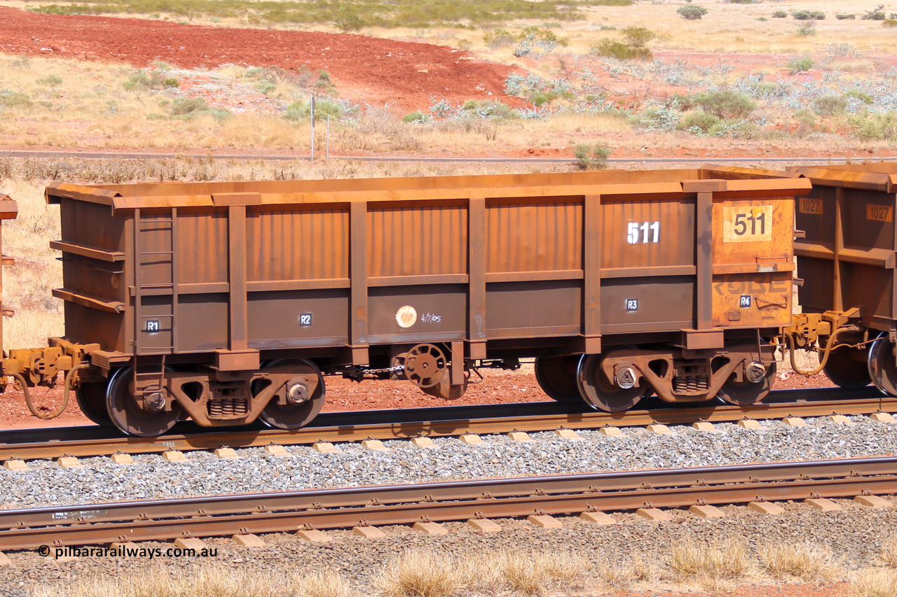 0511 141124 6830
Robe River ore waggon 511, built by Tomlinson Steel WA, fixed coupler handbrake side empty view at the 25 km at Arches Siding on the Cape Lambert line. November 24, 2014.
Keywords: 511;Tomlinson-Steel-WA;Robe-ore-waggon;