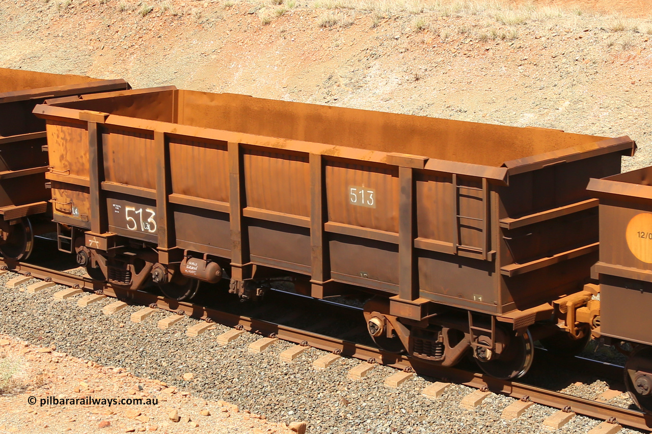 0513 160306 1273
Robe River ore waggon 513, built by Tomlinson Steel WA, fixed coupler non-handbrake side empty view at Greenpool on the Cape Lambert line. March 6, 2016.
Keywords: 513;Tomlinson-Steel-WA;Robe-ore-waggon;