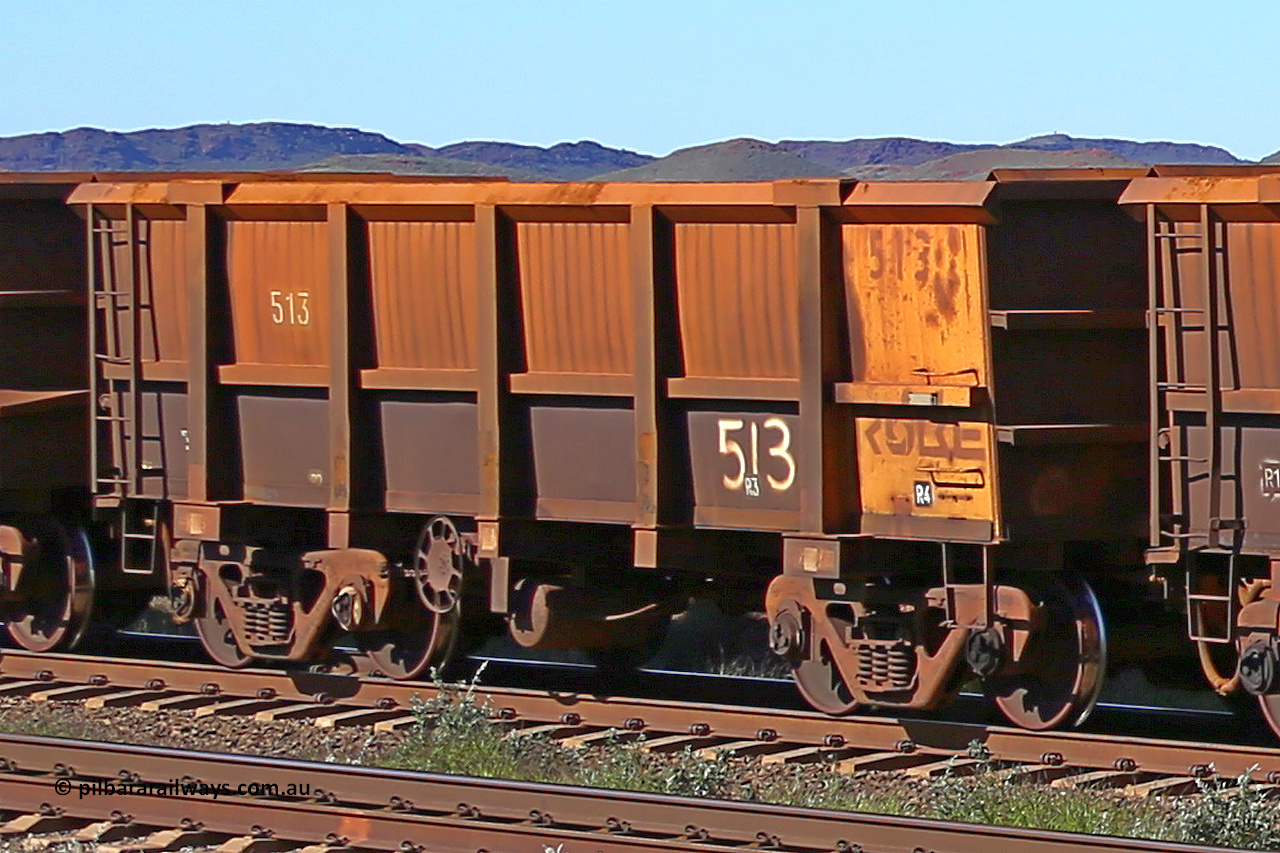 0513 160727 0976
Robe River ore waggon 513, built by Tomlinson Steel WA, rotary coupler end handbrake side empty view at Harding Siding on the Cape Lambert line, July 27, 2016.
Keywords: 513;Tomlinson-Steel-WA;Robe-ore-waggon;