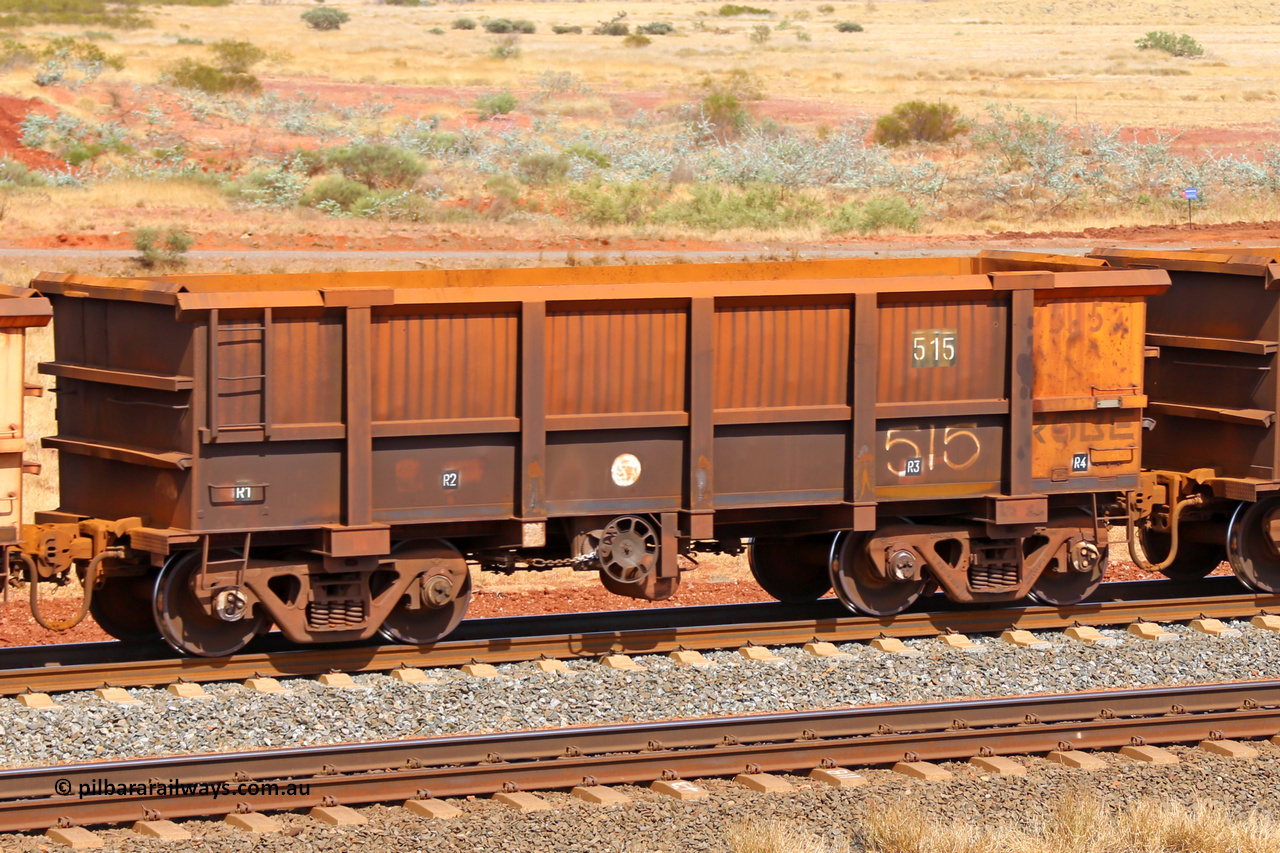 0515 141124 6777
Robe River ore waggon 515, built by Tomlinson Steel WA, fixed coupler handbrake side empty view at the 25 km at Arches Siding on the Cape Lambert line. November 24, 2014.
Keywords: 515;Tomlinson-Steel-WA;Robe-ore-waggon;