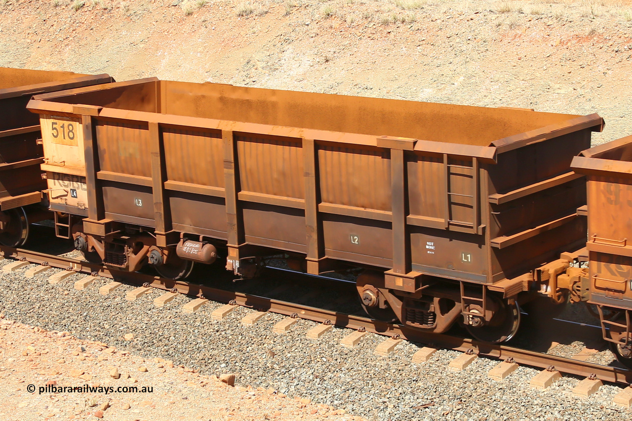 0518 160306 1238
Robe River ore waggon 518, built by Tomlinson Steel WA, fixed coupler non-handbrake side empty view at Greenpool on the Cape Lambert line. March 6, 2016.
Keywords: 518;Tomlinson-Steel-WA;Robe-ore-waggon;