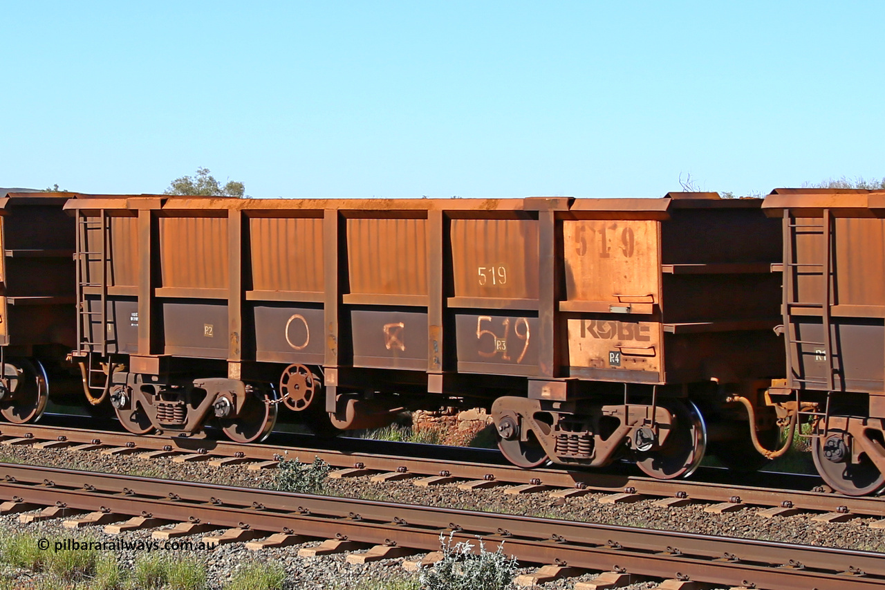 0519 160727 0967
Robe River ore waggon 519, built by Tomlinson Steel WA, rotary coupler end handbrake side empty view at Harding Siding on the Cape Lambert line, July 27, 2016.
Keywords: 519;Tomlinson-Steel-WA;Robe-ore-waggon;
