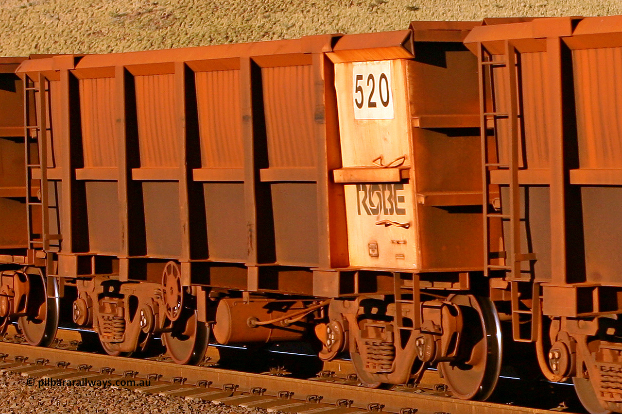 0520 060722 7587
Robe River ore waggon 520, built by Tomlinson Steel WA, rotary coupler end handbrake side empty view, at the 11.7 km, Cape Lambert. July 22, 2006.
Keywords: 520;Tomlinson-Steel-WA;Robe-ore-waggon;