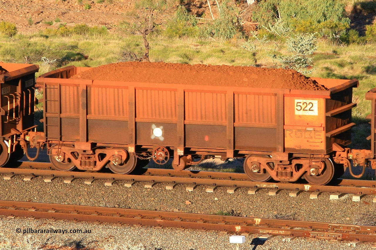 0522 110602 1610
Robe River ore waggon 522, built by Tomlinson Steel WA, rotary coupler end handbrake side loaded view at the 71 km, Western Creek on the Deepdale line. June 2, 2011.
Keywords: 522;Tomlinson-Steel-WA;Robe-ore-waggon;
