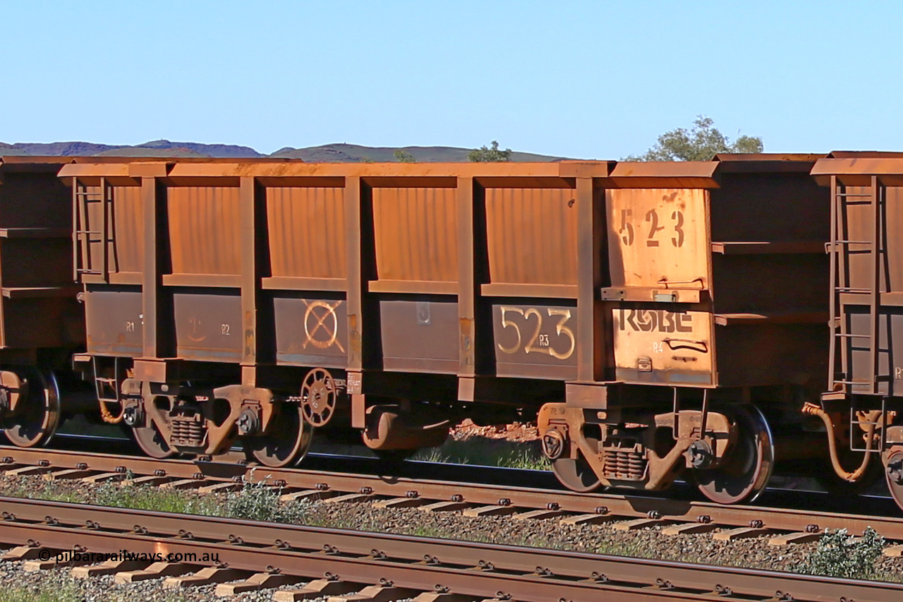 0523 160727 0972
Robe River ore waggon 523, built by Tomlinson Steel WA, rotary coupler end handbrake side empty view at Harding Siding on the Cape Lambert line, July 27, 2016.
Keywords: 523;Tomlinson-Steel-WA;Robe-ore-waggon;