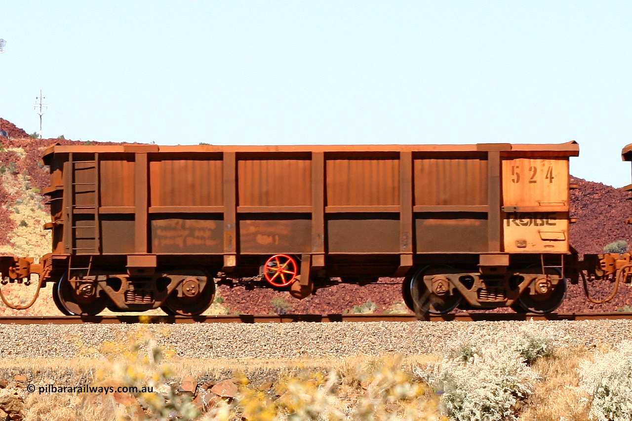 0524 060722 7442
Robe River ore waggon 524, built by Tomlinson Steel WA, handbrake side empty view at the 45.4 km just south of Harding Siding on the Cape Lambert line. July 22, 2006.
Keywords: 524;Tomlinson-Steel-WA;Robe-ore-waggon;