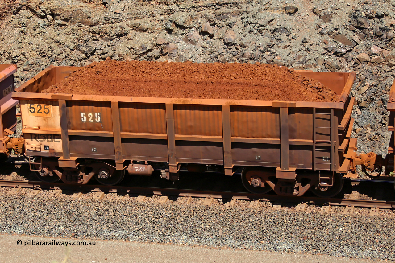 0525 160306 1625
Robe River ore waggon 525, built by Tomlinson Steel WA, fixed coupler non-handbrake side loaded view, at the 45 km, Harding Siding on the Cape Lambert line. March 6, 2016.
Keywords: 525;Tomlinson-Steel-WA;Robe-ore-waggon;
