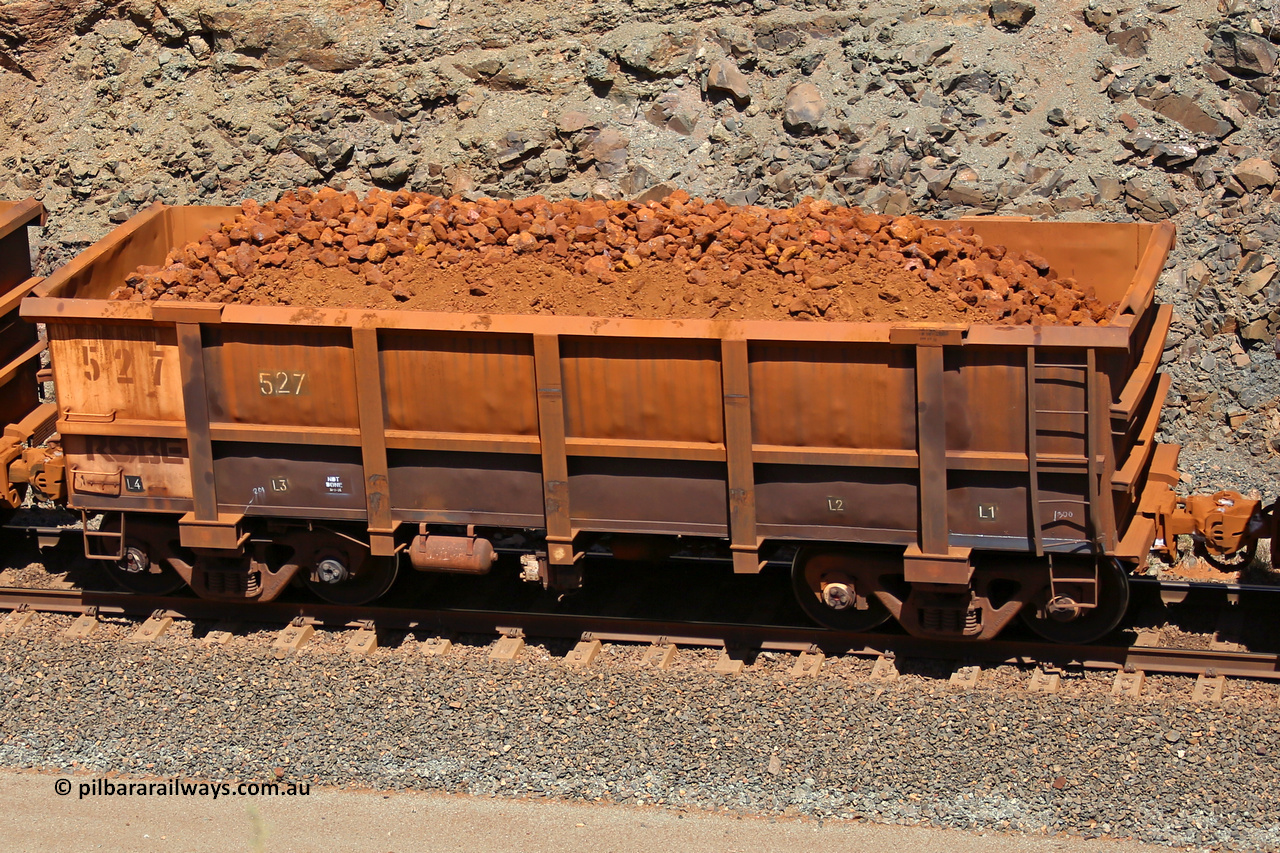 0527 160306 1667
Robe River ore waggon 527, built by Tomlinson Steel WA, fixed coupler non-handbrake side loaded view, at the 45 km, Harding Siding on the Cape Lambert line. March 6, 2016.
Keywords: 527;Tomlinson-Steel-WA;Robe-ore-waggon;