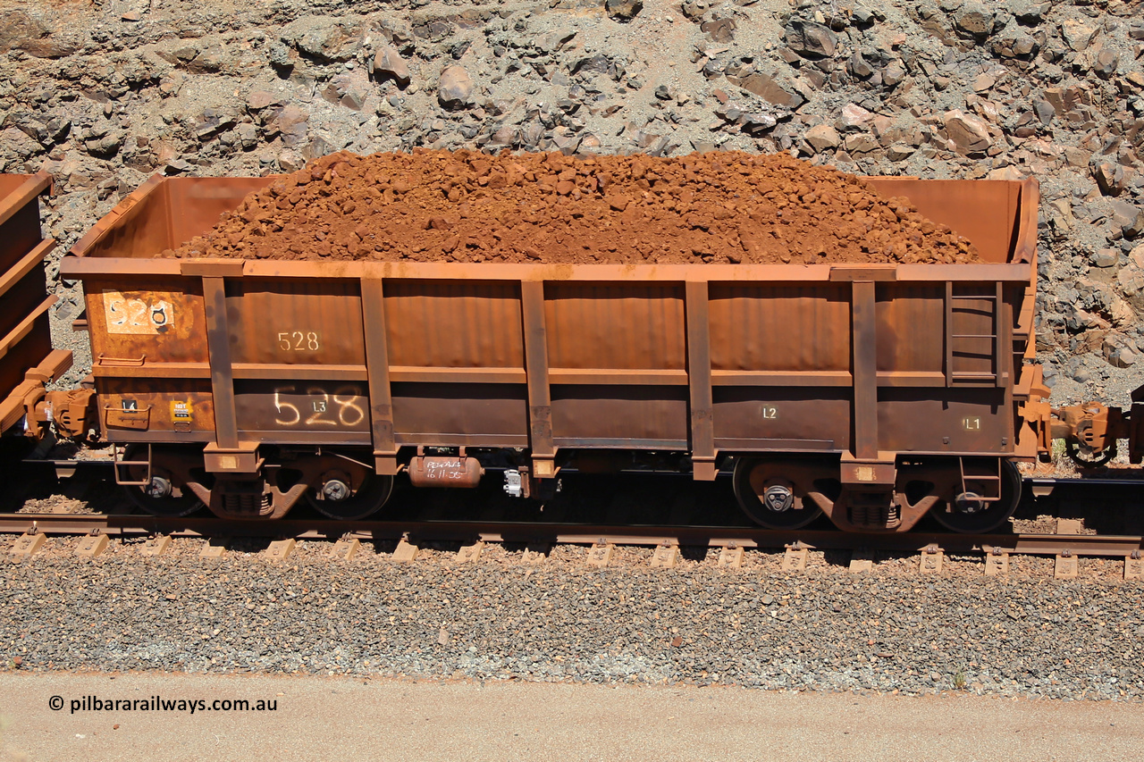 0528 160306 1521
Robe River ore waggon 528, built by Tomlinson Steel WA, fixed coupler non-handbrake side loaded view, at the 45 km, Harding Siding on the Cape Lambert line. March 6, 2016.
Keywords: 528;Tomlinson-Steel-WA;Robe-ore-waggon;
