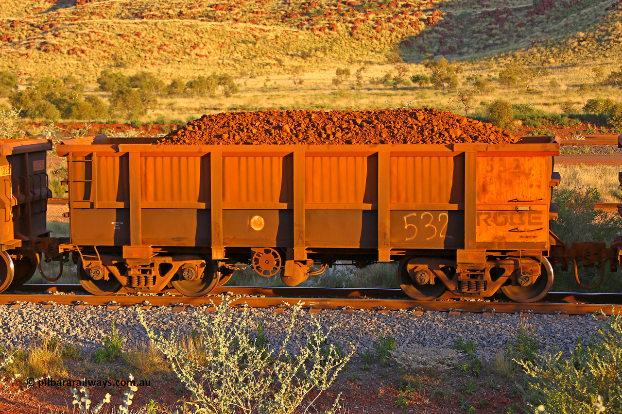 0532 170513 8660
Robe River ore waggon 532, built by Tomlinson Steel WA, handbrake side loaded view, Cape Lambert yard, May 13, 2017.
Keywords: 532;Tomlinson-Steel-WA;Robe-ore-waggon;