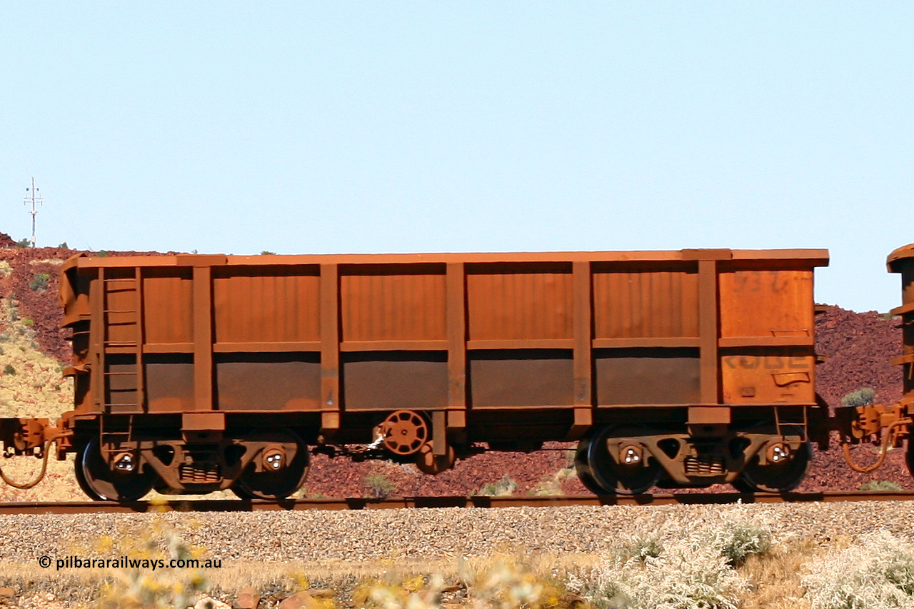 0537 060722 7446
Robe River ore waggon 537, built by Tomlinson Steel WA, handbrake side empty view at the 45.4 km just south of Harding Siding on the Cape Lambert line. July 22, 2006.
Keywords: 537;Tomlinson-Steel-WA;Robe-ore-waggon;