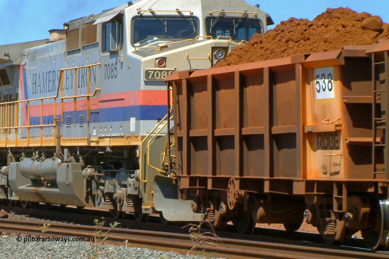 0538 050108 143236
Robe River ore waggon 538, built by Tomlinson Steel WA, rotary coupler end handbrake side loaded at the 8 km with the turning wye south track in the foreground. 1432 hours, October 8, 2005.
Keywords: 538;Tomlinson-Steel-WA;Robe-ore-waggon;