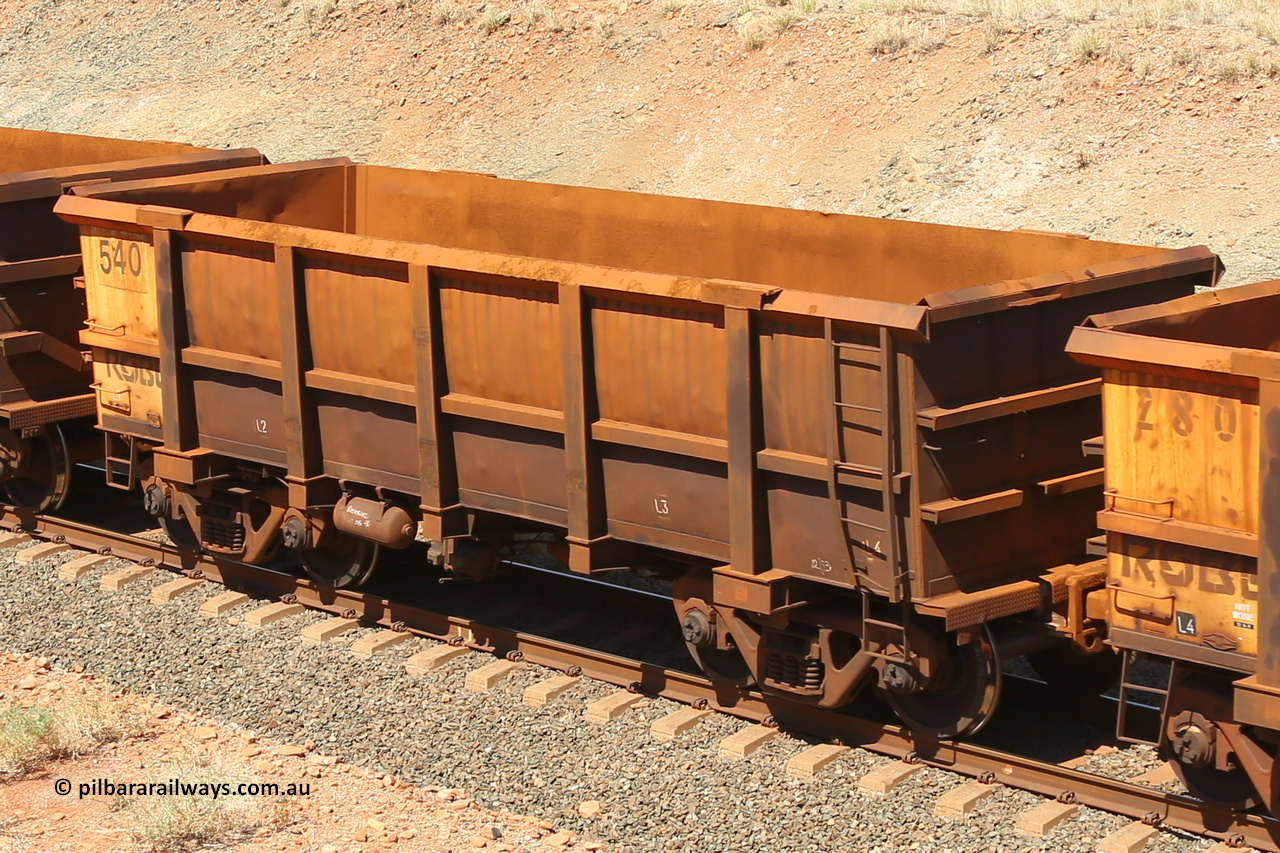 0540 160306 1329
Robe River ore waggon 540, built by Tomlinson Steel WA, fixed coupler non-handbrake side empty view at Greenpool on the Cape Lambert line. March 6, 2016.
Keywords: 540;Tomlinson-Steel-WA;Robe-ore-waggon;