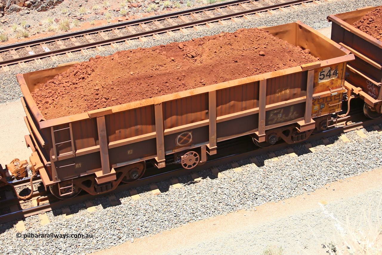 0544 160306 1460
Robe River ore waggon 544, built by Tomlinson Steel WA, fixed coupler handbrake side loaded view, at the 45 km, Harding Siding on the Cape Lambert line. March 6, 2016.
Keywords: 544;Tomlinson-Steel-WA;Robe-ore-waggon;